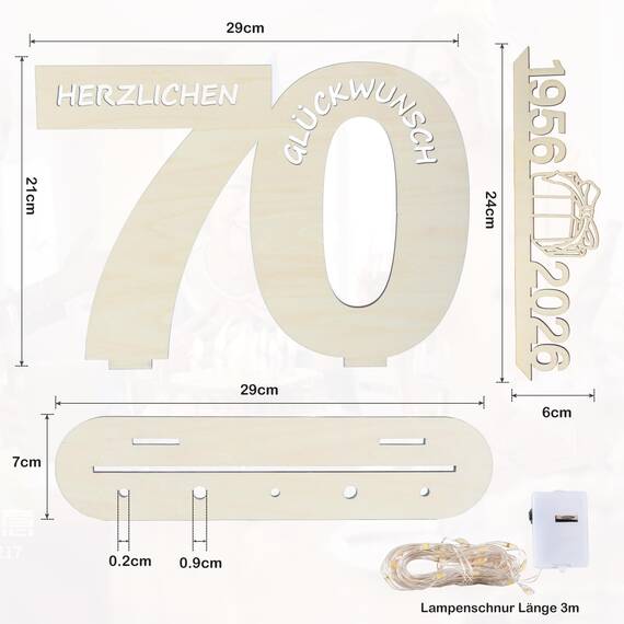 Seutgjie Originelle Geschenk 70. Geburtstag Frau Mann 1956-2026, 70 Geburtstag Deko Holz Schild Gästebuch, Geldgeschenke Geburtstag 70 Jahre mit LED Lichterkette Geschenkpapier