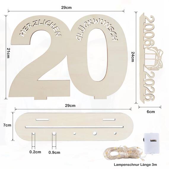 Seutgjie Geschenk 20. Geburtstag Frau Mann 2006-2026, 20 Geburtstag Deko Porzellanhochzeit Holz Schild Gästebuch, Geldgeschenke Geburtstag 20 Geburtstagskarte mit LED Lichterkette Geschenkpapier