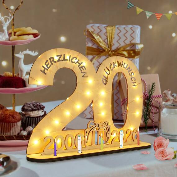Seutgjie Geschenk 20. Geburtstag Frau Mann 2006-2026, 20 Geburtstag Deko Porzellanhochzeit Holz Schild Gästebuch, Geldgeschenke Geburtstag 20 Geburtstagskarte mit LED Lichterkette Geschenkpapier