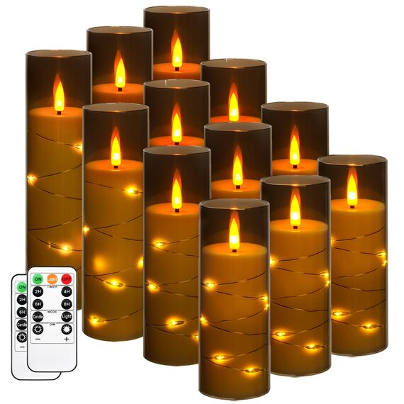 Da by Blinkende LED-Kerze mit eingebauter Sternlichterkette, Acryl-LED-Stumpenkerze mit 11-Tasten-Fernbedienung und Timer, elektrische Kerze, grau, 12-zählige Kerze (D5.5×H14/16/18/20cm)