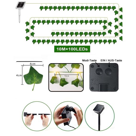 Dekofun Solar Lichterkette Außen,10M 100 LED Efeu Lichterkette mit Speicherfunktion, 8 Modi Wasserdicht Efeu Künstlich Girlande für Garten Balkon Zaun Aesthetic Party Wand Frühling Outdoor Deko