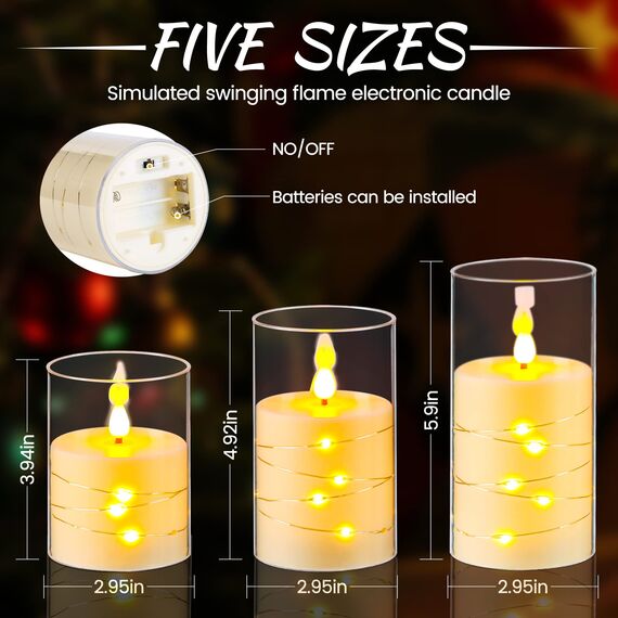 Da by LED-Kerzen, weiß-Lichterkettenkerzen, Batteriekerzen, mit eingebetteten Lichterketten 3-teilige flammenlose Kerzen(Batterie nicht im Lieferumfang enthalten) (Packung mit 2)