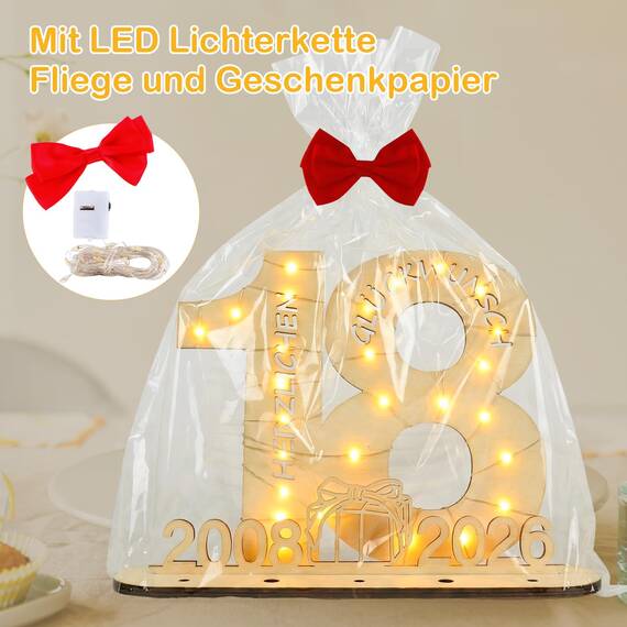 Seutgjie Originelle Geschenk 18. Geburtstag Junge Mädchen 2008-2026, Geldgeschenke Geburtstag 18 mit LED Lichterkette Geschenkpapier, Holz 18 Geburtstag Deko Tischdeko Schild Gästebuch
