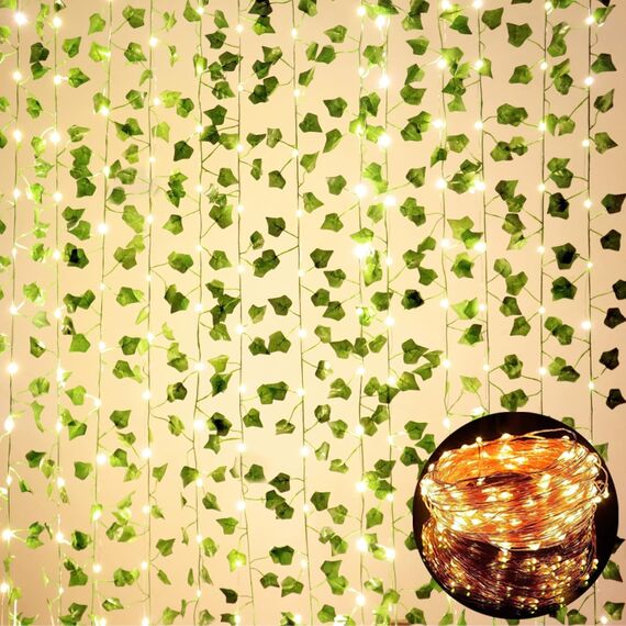 HanYun 25m 12 Stück künstlicher efeu Blätter Girlande Künstlich Gefälschte Pflanzen mit 200 LEDs Lichterkette blätter für Home Garten Hochzeit Weihnachtsdekoration Gefälschte Grün Decor