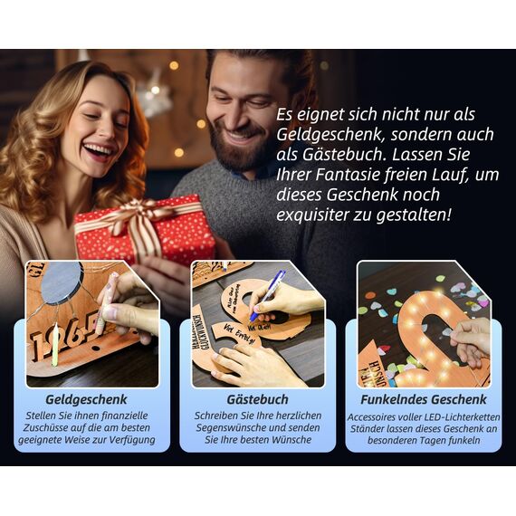 Giftota - 2025 Originelle 20 Geburtstag Geschenk Frauen & Männer - 20 Porzellanhochzeit - Geldgeschenke 20 mit LED Lichterkette Ständer - Holz-Schild Gästebuch - 20 Geburtstag Deko -Hochzeitsgeschenke