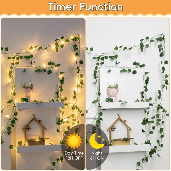 Gcstnn Efeu Lichterkette 10M 100 LED, Efeu Girlande Lichterkette Batterie mit Timing IP65 Wasserdicht, für Hängend Pflanzen, Zimmer, Wand, Weihnachtsdekoration.