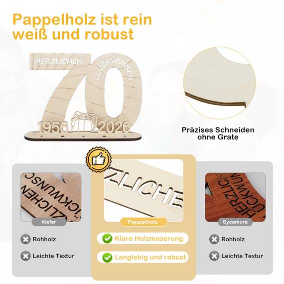 Seutgjie Originelle Geschenk 70. Geburtstag Frau Mann 1956-2026, 70 Geburtstag Deko Holz Schild Gästebuch, Geldgeschenke Geburtstag 70 Jahre mit LED Lichterkette Geschenkpapier