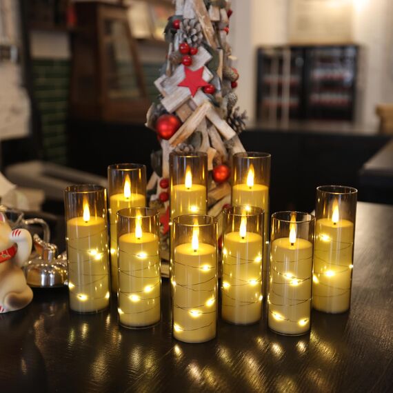Da by Blinkende LED-Kerze mit eingebauter Sternlichterkette, Acryl-LED-Stumpenkerze mit 11-Tasten-Fernbedienung und Timer, elektrische Kerze, grau, 12-zählige Kerze (D5.5×H14/16/18/20cm)