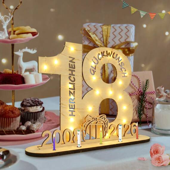 Seutgjie Originelle Geschenk 18. Geburtstag Junge Mädchen 2008-2026, Geldgeschenke Geburtstag 18 mit LED Lichterkette Geschenkpapier, Holz 18 Geburtstag Deko Tischdeko Schild Gästebuch