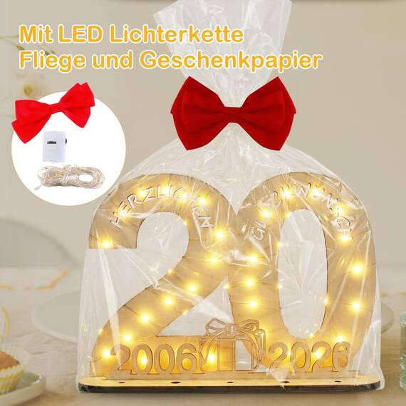 Seutgjie Geschenk 20. Geburtstag Frau Mann 2006-2026, 20 Geburtstag Deko Porzellanhochzeit Holz Schild Gästebuch, Geldgeschenke Geburtstag 20 Geburtstagskarte mit LED Lichterkette Geschenkpapier