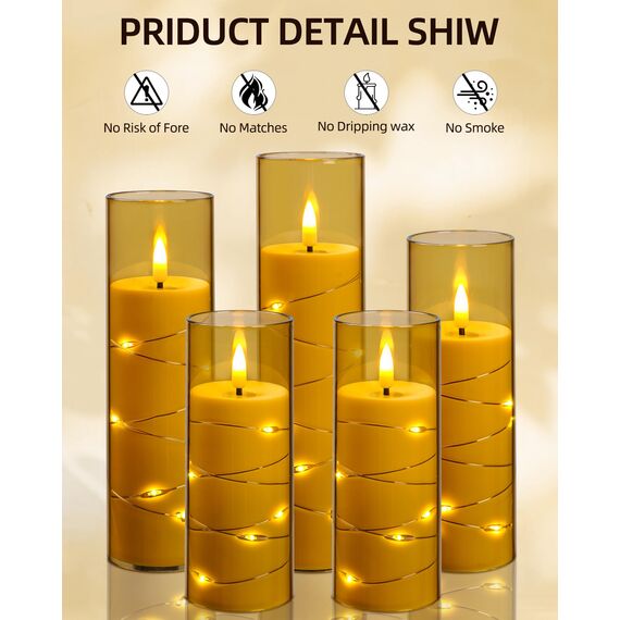 Da by LED Kerzen mit Eingelassener Lichterkette，Batteriebetriebene Kerzen mit Fernbedienung und 24 Stunde Timer，Flackernde Led Kerzen Für Weihnachtsdekoration Heimdekoration(Golden, 5er-Set)