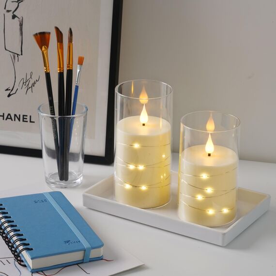 Da by LED-Kerzen, weiß-Lichterkettenkerzen, Batteriekerzen, mit eingebetteten Lichterketten 3-teilige flammenlose Kerzen(Batterie nicht im Lieferumfang enthalten) (Packung mit 2)