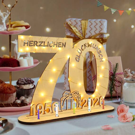 Seutgjie Originelle Geschenk 70. Geburtstag Frau Mann 1956-2026, 70 Geburtstag Deko Holz Schild Gästebuch, Geldgeschenke Geburtstag 70 Jahre mit LED Lichterkette Geschenkpapier