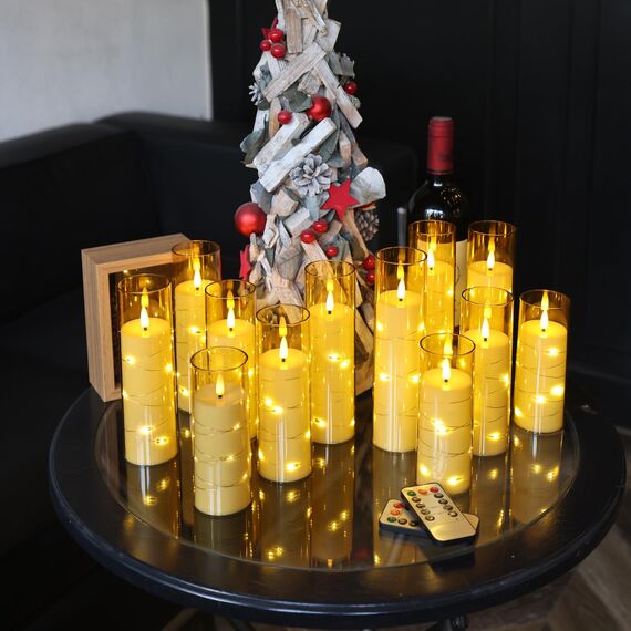 Da by LED-Blinkkerze mit eingearbeiteter Sternenschnur, LED-Stabkerze aus Acryl mit 11-Tasten-Fernbedienung und Timer, elektrische Kerze, Gold, 12er-Set
