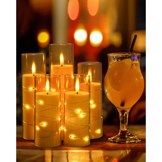 Da by LED Kerzen mit Eingelassener Lichterkette，Batteriebetriebene Kerzen mit Fernbedienung und 24 Stunde Timer，Flackernde Led Kerzen Für Weihnachtsdekoration Heimdekoration(Golden, 5er-Set)