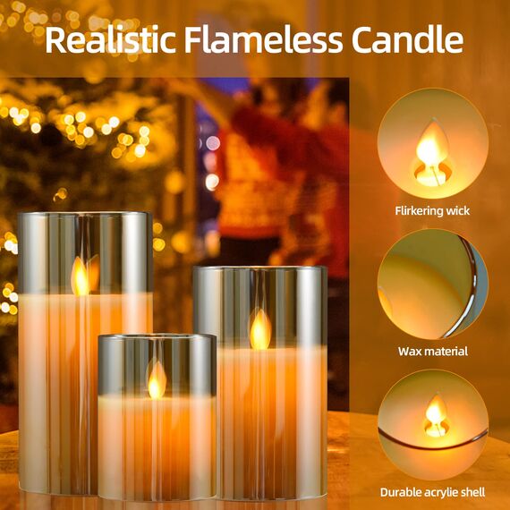 cimetech Flammenlose 3 Led Kerzen Glas mit Fernbedienung Glas Dimmbar Batteriebetriebene LED-Kerzen Set Flackernd Outdoor Led Deko Kerzen Tanzende Flamme Wohnzimmer Deko
