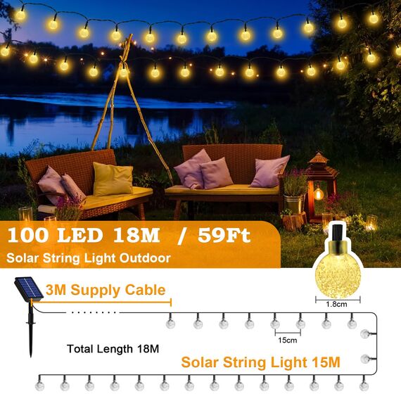 Lichterkette Außen Solar Wetterfest, 100 LED 3M+15M 8 Modi IP65 Warmweiß Outdoor Solarlichterkette Aussen Wetterfeste Lampions Kristallkugel für Balkon Deko Terrassen Garten Weihnachten Party Zuhause