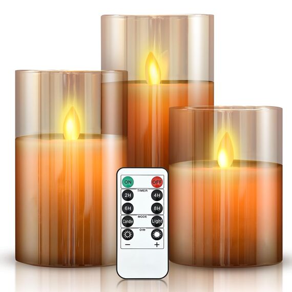 cimetech Flammenlose 3 Led Kerzen Glas mit Fernbedienung Glas Dimmbar Batteriebetriebene LED-Kerzen Set Flackernd Outdoor Led Deko Kerzen Tanzende Flamme Wohnzimmer Deko
