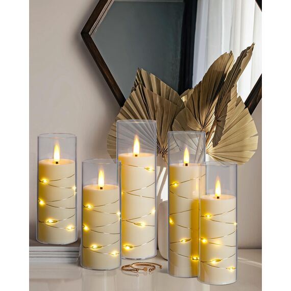 Da by LED Kerzen mit Eingelassener Lichterkette，Batteriebetriebene Kerzen mit Fernbedienung und 24 Stunde Timer，Flackernde Led Kerzen Für Weihnachtsdekoration Heimdekoration(weiß, 5er-Set)