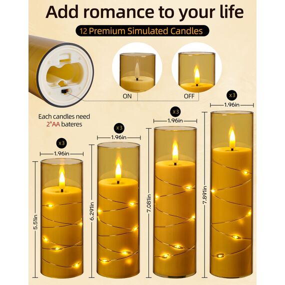 Da by LED-Blinkkerze mit eingearbeiteter Sternenschnur, LED-Stabkerze aus Acryl mit 11-Tasten-Fernbedienung und Timer, elektrische Kerze, Gold, 12er-Set