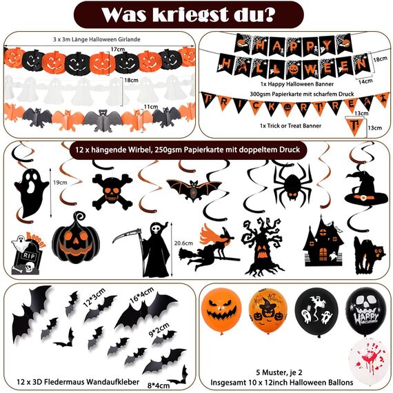 AMLOOPH Halloween Deko Innen Set - Gruselige Party Dekoration Mit Wiederverwendbarer Girlande, Banner, Luftballons, Fledermaus, Geist, Kürbis für Türdeko