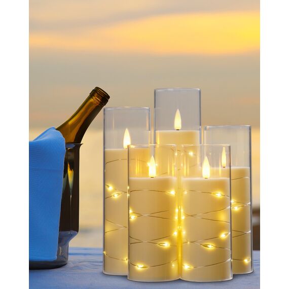 Da by LED Kerzen mit Eingelassener Lichterkette，Batteriebetriebene Kerzen mit Fernbedienung und 24 Stunde Timer，Flackernde Led Kerzen Für Weihnachtsdekoration Heimdekoration(weiß, 5er-Set)