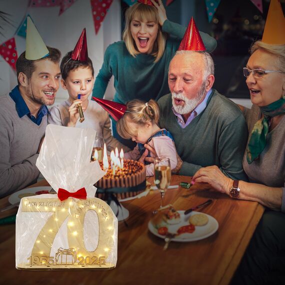 Seutgjie Deko 70 Geburtstag Frau Mann, Geldgeschenke Geburtstag 70 Originelle Holz Schild Gästebuch mit LED Lichterkette für Männer Frauen Jubiläum Tischdeko 1955-2025