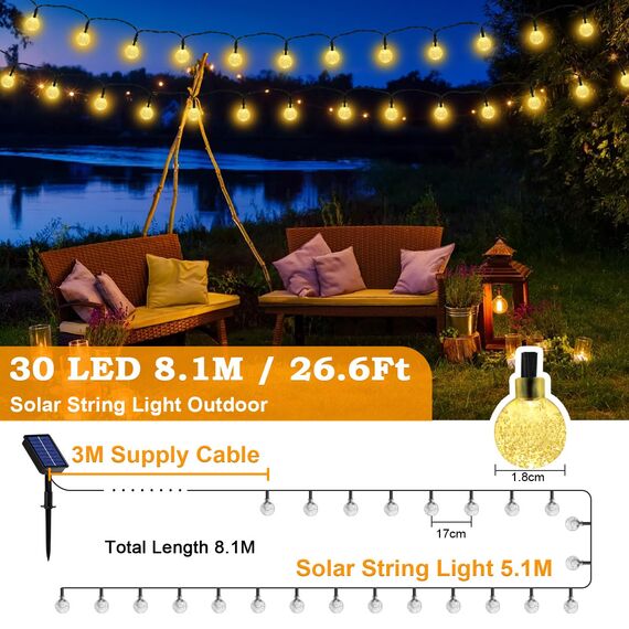 Lichterkette Außen Solar Wetterfest, 30 LED Warmweiß 3M + 5,1M 8 Modi IP65 Solarlichterkette Aussen Wetterfest Solar Lampions für Balkon Deko Terrassen Garten Bäume Weihnachten Hochzeiten Partys