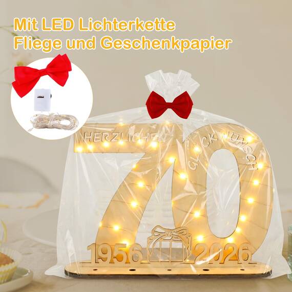 Seutgjie Originelle Geschenk 70. Geburtstag Frau Mann 1956-2026, 70 Geburtstag Deko Holz Schild Gästebuch, Geldgeschenke Geburtstag 70 Jahre mit LED Lichterkette Geschenkpapier