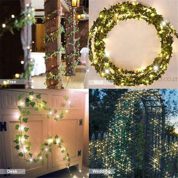 HanYun 25m 12 Stück künstlicher efeu Blätter Girlande Künstlich Gefälschte Pflanzen mit 200 LEDs Lichterkette blätter für Home Garten Hochzeit Weihnachtsdekoration Gefälschte Grün Decor