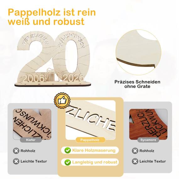 Seutgjie Geschenk 20. Geburtstag Frau Mann 2006-2026, 20 Geburtstag Deko Porzellanhochzeit Holz Schild Gästebuch, Geldgeschenke Geburtstag 20 Geburtstagskarte mit LED Lichterkette Geschenkpapier