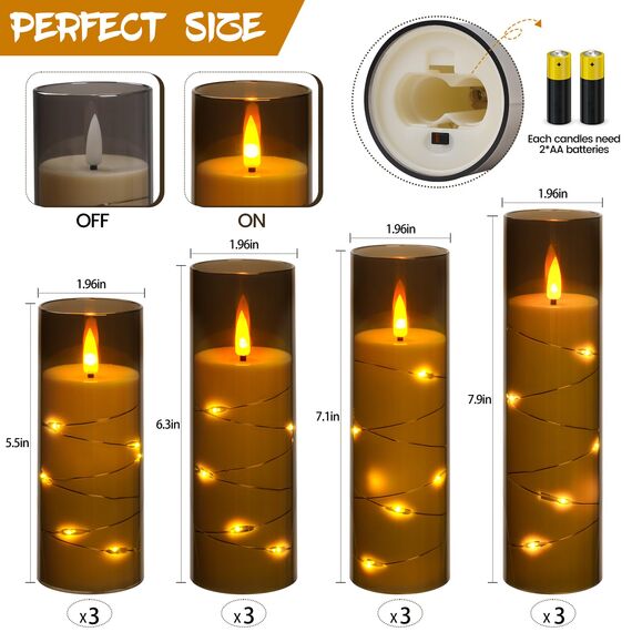 Da by Blinkende LED-Kerze mit eingebauter Sternlichterkette, Acryl-LED-Stumpenkerze mit 11-Tasten-Fernbedienung und Timer, elektrische Kerze, grau, 12-zählige Kerze (D5.5×H14/16/18/20cm)