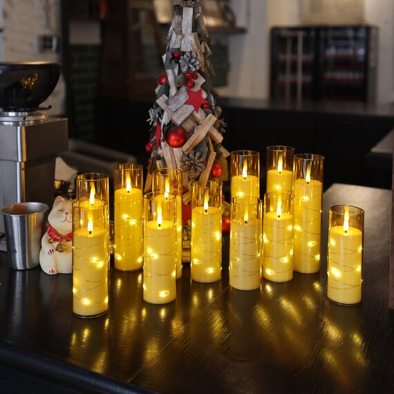 Da by LED-Blinkkerze mit eingearbeiteter Sternenschnur, LED-Stabkerze aus Acryl mit 11-Tasten-Fernbedienung und Timer, elektrische Kerze, Gold, 12er-Set