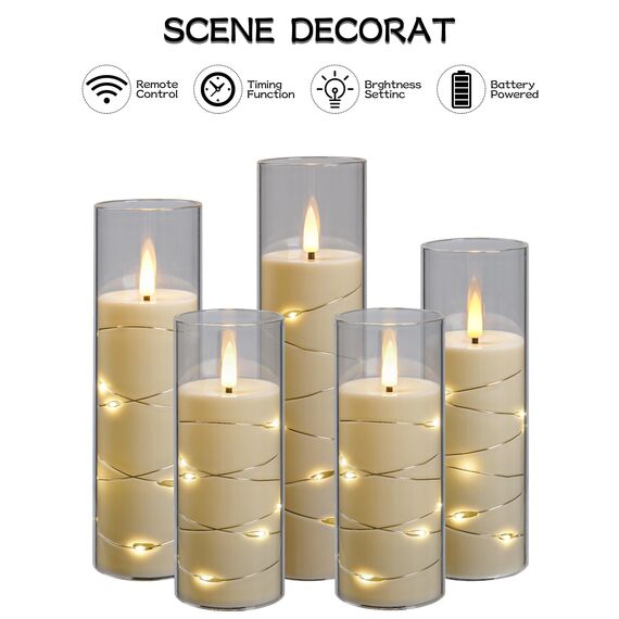 Da by LED Kerzen mit Eingelassener Lichterkette，Batteriebetriebene Kerzen mit Fernbedienung und 24 Stunde Timer，Flackernde Led Kerzen Für Weihnachtsdekoration Heimdekoration(weiß, 5er-Set)