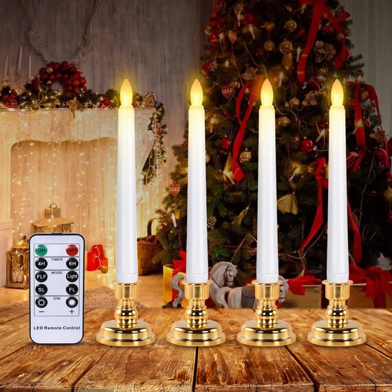 cimetech Flammenlose Kegelkerzen, batteriebetriebenes LED-Kerzenlicht mit ferngesteuerter Zeitschaltuhr und realistische 3D Wick für Abendessen, Kirchen, Tische, Hochzeiten Geburtstagsfeier(4er-Pack)