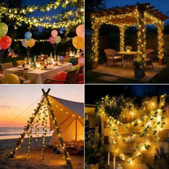 Dekofun Solar Lichterkette Außen,10M 100 LED Efeu Lichterkette mit Speicherfunktion, 8 Modi Wasserdicht Efeu Künstlich Girlande für Garten Balkon Zaun Aesthetic Party Wand Frühling Outdoor Deko