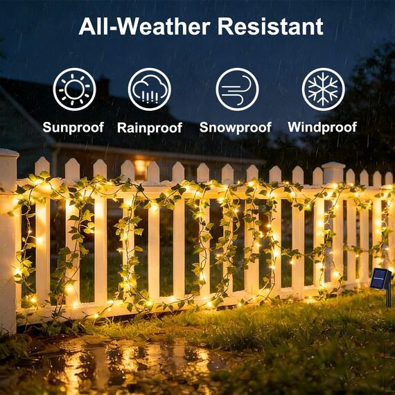Dekofun Solar Lichterkette Außen,10M 100 LED Efeu Lichterkette mit Speicherfunktion, 8 Modi Wasserdicht Efeu Künstlich Girlande für Garten Balkon Zaun Aesthetic Party Wand Frühling Outdoor Deko