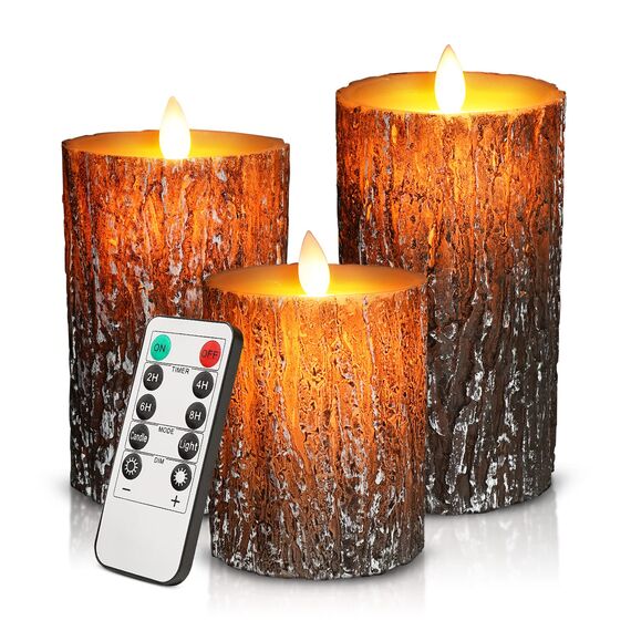 cimetech Flammenlose 3 LED Kerzen Pine Bark Cover Säule Birkeneffekt Echtwachs Flackernde Batteriebetriebene LED-Kerzen 3er Set Flackernd Fernbedienung Led Deko Kerzen