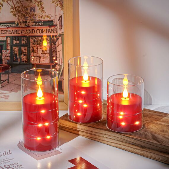 Da by Rote LED Kerzen mit Fernbedienung Timer Batteriekerze mit Lichterkette, Plexiglassäule 10cm/12,5cm/ 15 cm realistische LED kerze Säulenkerze
