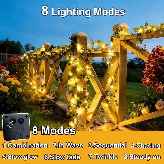Dekofun Solar Lichterkette Außen,10M 100 LED Efeu Lichterkette mit Speicherfunktion, 8 Modi Wasserdicht Efeu Künstlich Girlande für Garten Balkon Zaun Aesthetic Party Wand Frühling Outdoor Deko