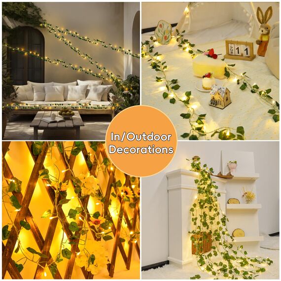 Gcstnn LED Lichterkette Efeu Künstlich, 5M 50LED Grüne Efeu-Lichterkette Girlande, IP65 Wasserdicht Batteriebetrieben mit Timing-Funktion, für Hängend Pflanzen, Zimmer, Wand, Weihnachtsdekoration.