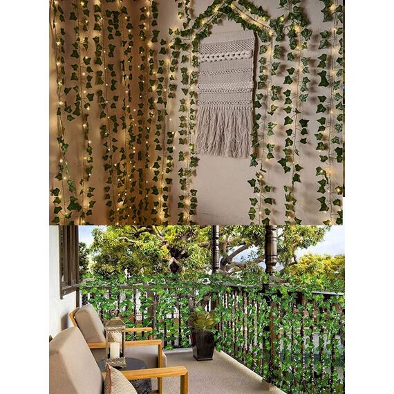 HanYun 25m 12 Stück künstlicher efeu Blätter Girlande Künstlich Gefälschte Pflanzen mit 200 LEDs Lichterkette blätter für Home Garten Hochzeit Weihnachtsdekoration Gefälschte Grün Decor