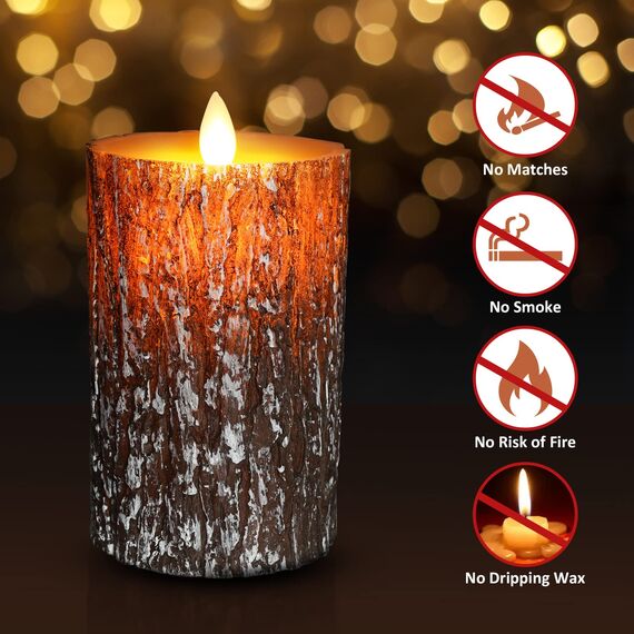 cimetech Flammenlose 3 LED Kerzen Pine Bark Cover Säule Birkeneffekt Echtwachs Flackernde Batteriebetriebene LED-Kerzen 3er Set Flackernd Fernbedienung Led Deko Kerzen