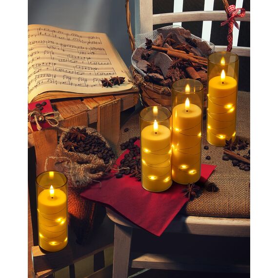 Da by LED Kerzen mit Eingelassener Lichterkette，Batteriebetriebene Kerzen mit Fernbedienung und 24 Stunde Timer，Flackernde Led Kerzen Für Weihnachtsdekoration Heimdekoration(Golden, 5er-Set)