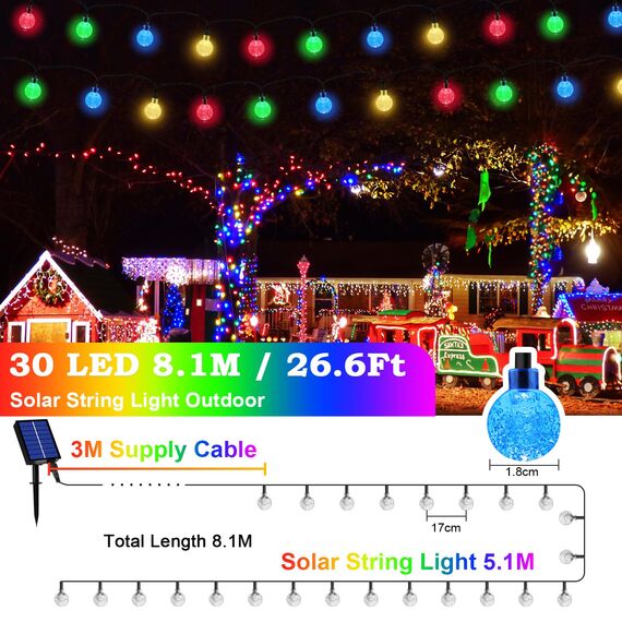 Lichterkette Außen Solar Wetterfest, 30 LED 3M + 5,1M 8 Modi IP65 Bunt Outdoor Solarlichterkette Aussen Wetterfest Solar Lampions für Balkon Terrassen Garten Bäume Weihnachten Partys Dekorationen