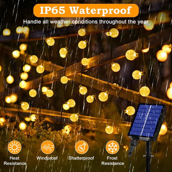 Lichterkette Außen Solar Wetterfest, 200 LED 3M+ 24M 8 Modi IP65 Warmweiß Outdoor Solarlichterkette Aussen Wetterfeste Lampions Kristallkugeln für Balkon Deko Terrassen Garten Weihnachten Partys