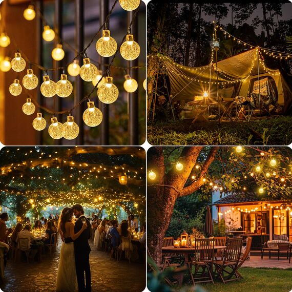 Lichterkette Außen Solar Wetterfest, 100 LED 3M+15M 8 Modi IP65 Warmweiß Outdoor Solarlichterkette Aussen Wetterfeste Lampions Kristallkugel für Balkon Deko Terrassen Garten Weihnachten Party Zuhause