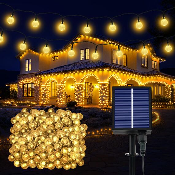 Lichterkette Außen Solar Wetterfest, 200 LED 3M+ 24M 8 Modi IP65 Warmweiß Outdoor Solarlichterkette Aussen Wetterfeste Lampions Kristallkugeln für Balkon Deko Terrassen Garten Weihnachten Partys