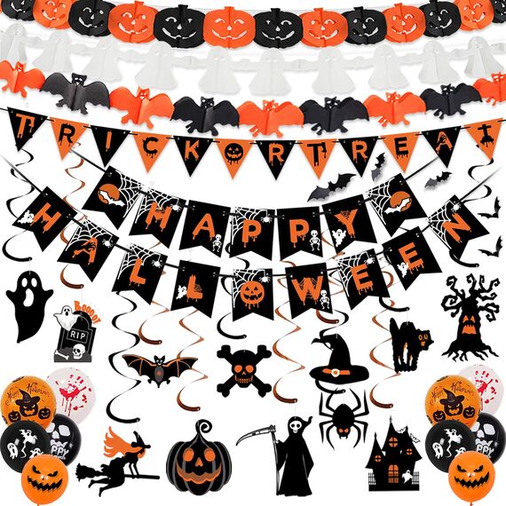 AMLOOPH Halloween Deko Innen Set - Gruselige Party Dekoration Mit Wiederverwendbarer Girlande, Banner, Luftballons, Fledermaus, Geist, Kürbis für Türdeko