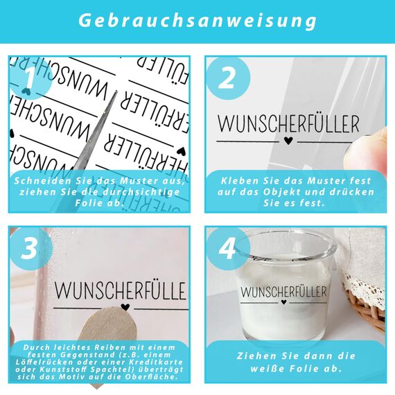 FloraVigo Rub On Sticker ca.A5 19x14cm-Spruch Deko zum Geburtstag, Keraflott, Hochzeit, Zuhause, Wischfolie für Möbel, Glas, Holz, Fotoalbum, DIY Deko, Aufkleberästhetik(4PCS) (Wish fulfillment)